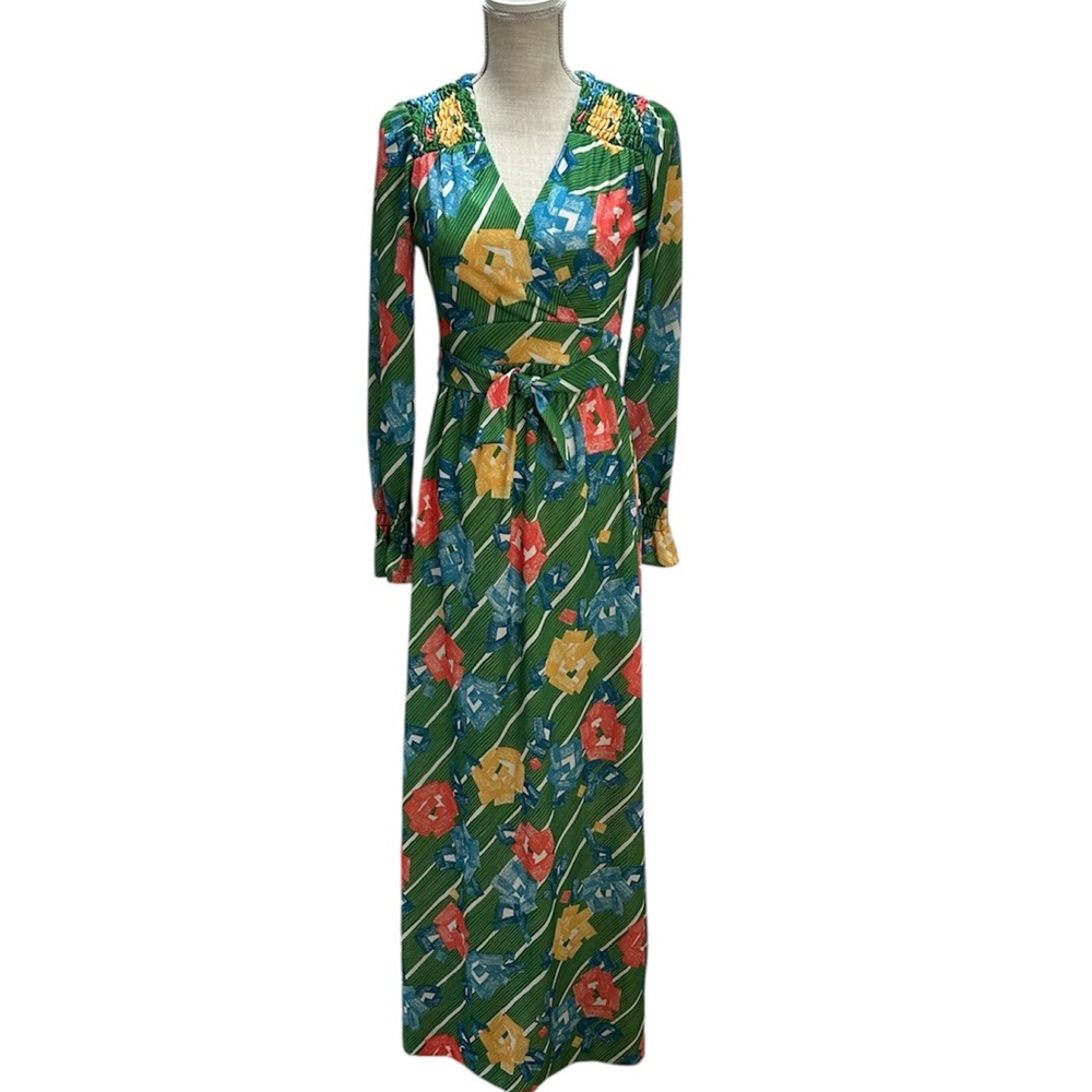 Vtg Union Made Leslie Fay Green Floral Maxi Dress 12 Long Sleeve Retro Boho 70’s